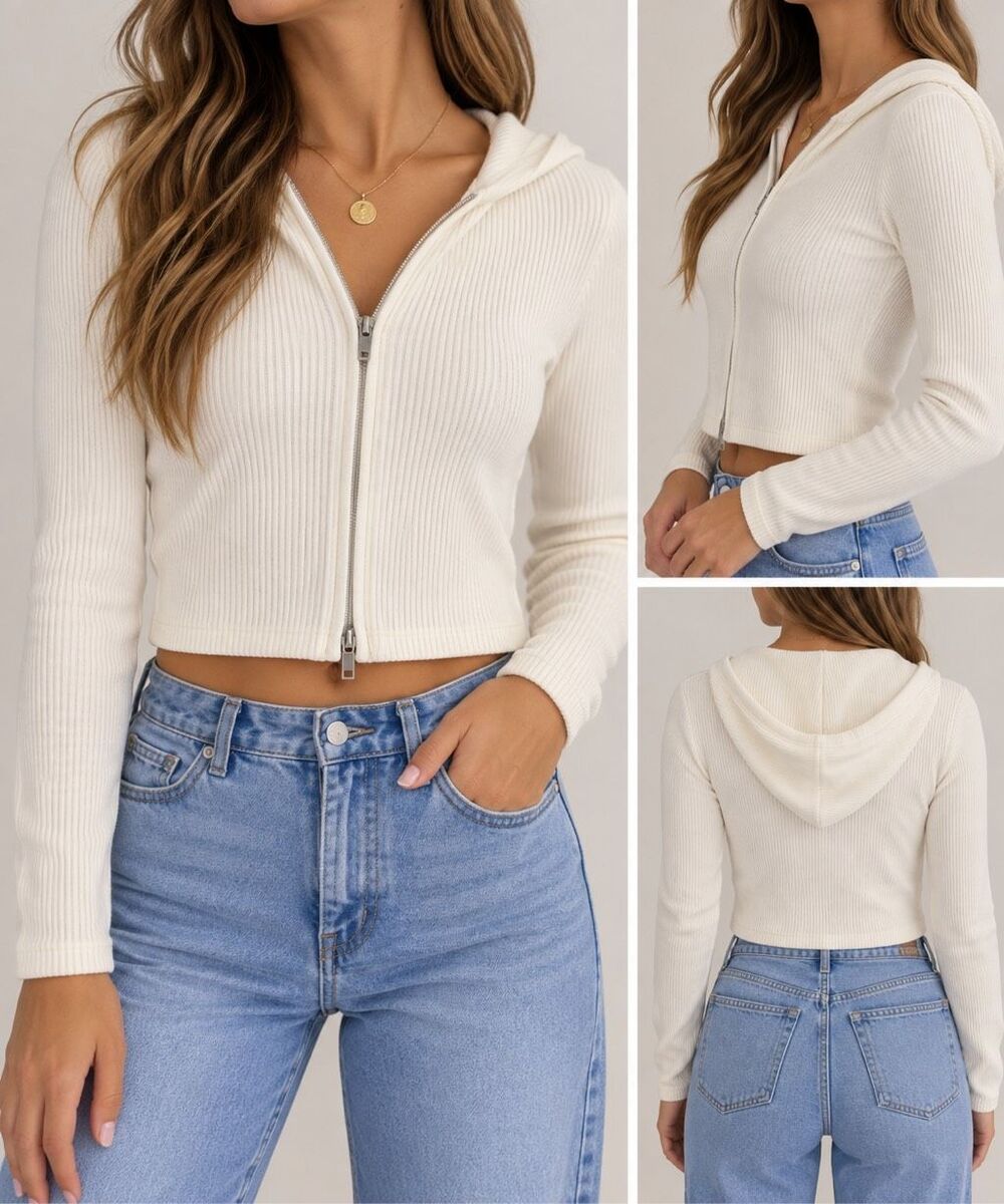 Brandy Melville Ivory Ribbed Cropped Zip Up Hoodie Fitted Y2K